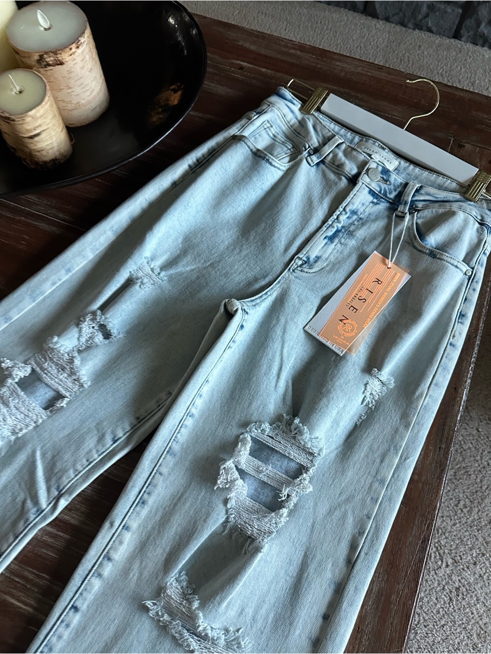 RISEN BOUTIQUE DENIM Boho High-Rise Wide Leg Distressed Jeans - Light Wash - Picture 4 of 13